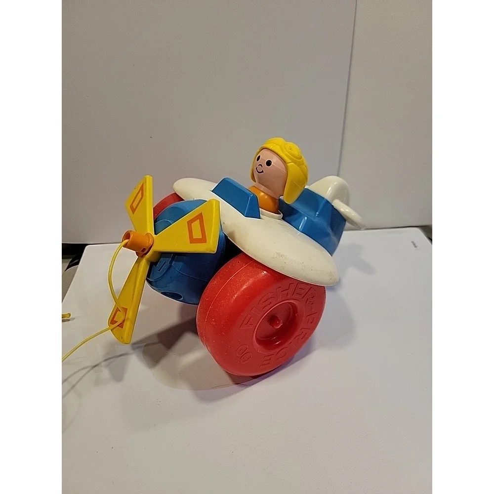 Vintage 1980s Fisher Price Plane Plastic Helicopter Airplane Pull Toy